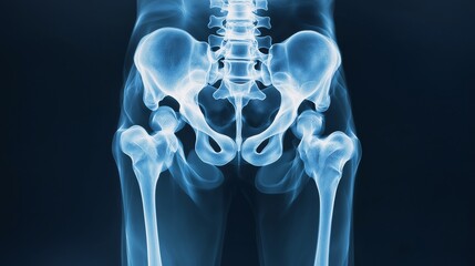 Human Hip X-Ray: A detailed medical image showcasing the skeletal structure of the human hip joint, providing a clear view of the femur, pelvis, and surrounding bones.