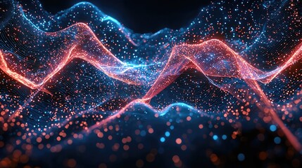 Neon red and blue geometric shapes on black base glowing particles light effects background, particles, shapes, blue, base, light, geometric, black background