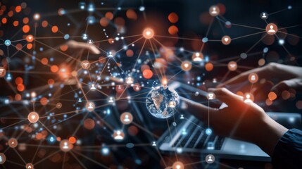 Digital marketing strategies come to life as hands interact with a virtual globe, symbolizing global connectivity and engagement in today’s digital world