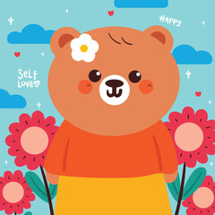 Fototapeta premium cute card with cartoon bear and flower. animal card with spring vibes