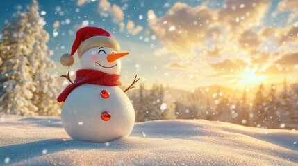 A cheerful snowman wearing a Santa hat and scarf stands in a snowy winter wonderland, surrounded by snow-covered trees and mountains under a bright blue sky..