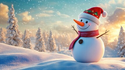 Obraz premium A cheerful snowman wearing a Santa hat and scarf stands in a snowy winter wonderland, surrounded by snow-covered trees and mountains under a bright blue sky..