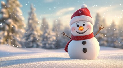 Fototapeta premium A cheerful snowman wearing a Santa hat and scarf stands in a snowy winter wonderland, surrounded by snow-covered trees and mountains under a bright blue sky..