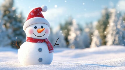 Fototapeta premium A cheerful snowman wearing a Santa hat and scarf stands in a snowy winter wonderland, surrounded by snow-covered trees and mountains under a bright blue sky..