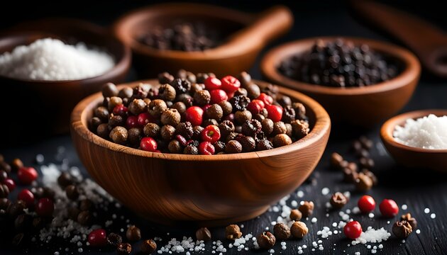 peppercorns and sea salt in a wooden bowl on a dark background
