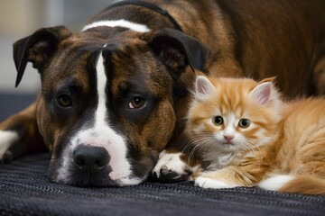 Brindle dog with white patch rests beside fluffy orange kitten