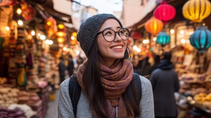 Naklejka premium A traveler smiles while exploring a lively market filled with colorful lanterns and stalls, capturing the vibrant atmosphere of the surroundings