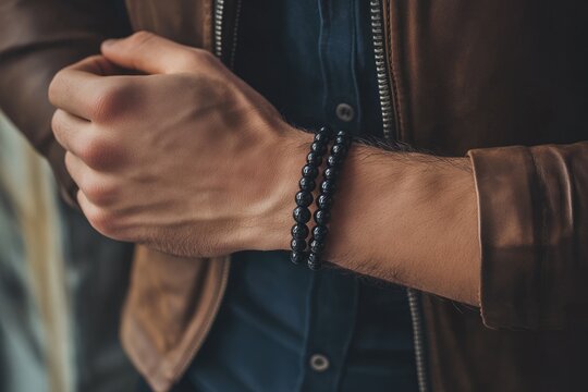 Beaded Bracelet Man. Stylish Black Stone Bracelet on Man's Arm with Leather Jacket and Magazine