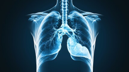 Luminous Lungs: A captivating digital illustration of the human respiratory system, showcasing the intricate structure and beauty of the lungs with a glowing blue hue against a dark background. 