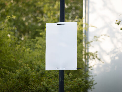 Empty election poster mockup. Template for an ad placard at a street mounted to a lamp post. Blank advertisement space in front of green leaves.