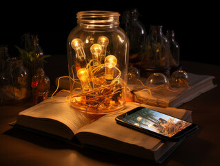 Eyecatching Top view of lit light bulb next to paper balls