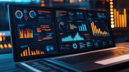 Laptop displaying a data analytics dashboard with various charts and graphs, highlighting real-time data visualization in a modern workspace..