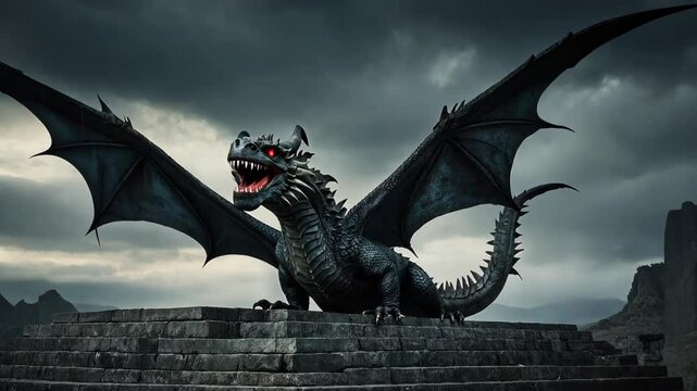Video footage of menacing dragon perched atop battlements of a castle,dragon has expansive wings, sharp claws, and a fierce expression with fangs
