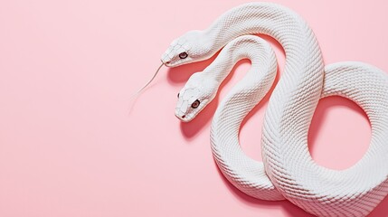 Fototapeta premium Two-headed white snake 2025 symbol on a pink background, representing unique and rare natural phenomena.