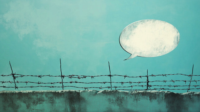 Censorship and free speech, cancel culture, censored media, speech bubble, barbed wire fence, freedom of press, discrimination of opinion, social issue