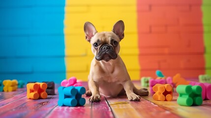 Cute dog toy radio controlled between rubber toy blocks on parquet floor isolated on colorful background