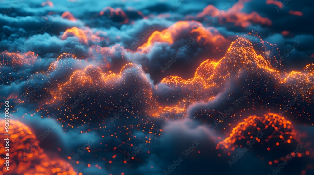 Poster 44. a futuristic 3d render of a cloud network with interconnected data nodes and glowing pathways