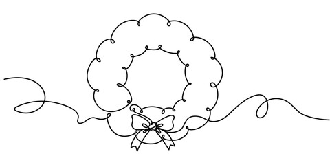 Simple line drawing of a decorative wreath adorned with a bow and flowing ribbon