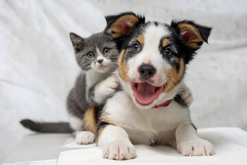 Tricolor puppy and gray kitten embrace, appearing happy against a white background