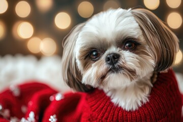 Shih Tzu Christmas. Beautiful Dog in Red Sweater with Brown Eyes
