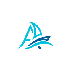 vector logo combination of sailing ship or boat with letters, initials, alphabet, with blue base color for business purposes and others