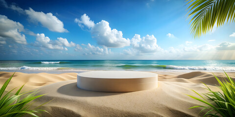 Fototapeta premium 3d render of white round podium on the sand beach with tropical sea background