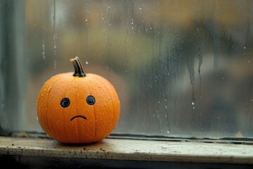 Thanksgiving Sad. Hokkaido Pumpkin with a Sad Face Peering through Window