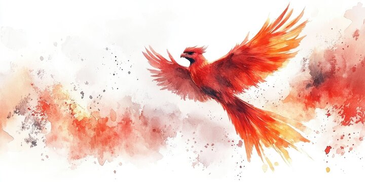 Watercolor Painting of a Red Phoenix in Flight
