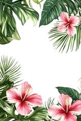Tropical Border. Vintage Monstera Palm Leaf Bouquet Frame with Pink Hibiscus Blossoms