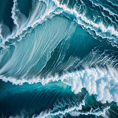 Aerial view beautiful of sea waves from drone. Stock image of blue color of ocean water, sea surface, sunset. Top view on turquoise waves, clear water surface texture.