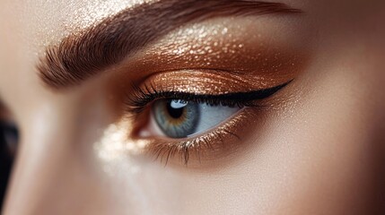 A close-up of eyes with a sleek, modern makeup look featuring metallic eyeshadow and precise eyeliner. The image exudes sophistication and contemporary fashion trends