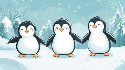 Fototapeta premium Penguin in the snow covered flandscape, merry christmas holiday greeting card, winter season, animal cartoon illustration for children, fairy tale