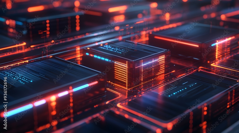 Poster 36. a 3d render of a digital firewall with glowing barriers and data protection mechanisms