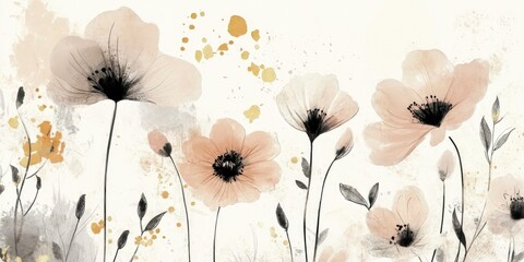 A decorative painting of flowers and plants, with light pink and beige as the main colors, and a small amount of gold and black