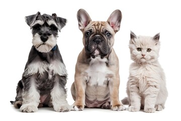 Gray schnauzer, beige French Bulldog, and striped kitten sit side by side, white background