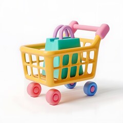 Yellow Shopping Cart with Blue and Pink Bag