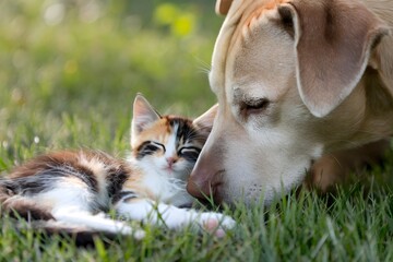 Light brown dog nuzzles relaxed kitten on grassy field, radiating affection