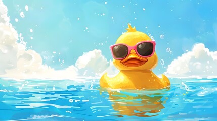 Yellow rubber duck floating in a pool. 