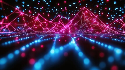 Neon red and blue geometric shapes on black base glowing particles light effects background, particles, shapes, blue, base, light, geometric, black background