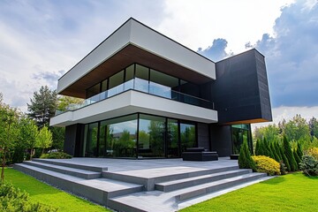 Foreclosure Eviction. Black Home For Sale Real Estate Sign in front of a Luxury Contemporary House
