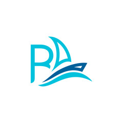 vector logo combination of sailing ship or boat with letters, initials, alphabet, with blue base color for business purposes and others