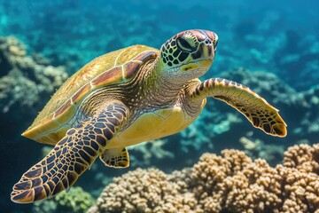 Obraz premium Green Turtle Maui. Underwater Marine Life: Majestic Turtle Swimming in Hawaiian Waters