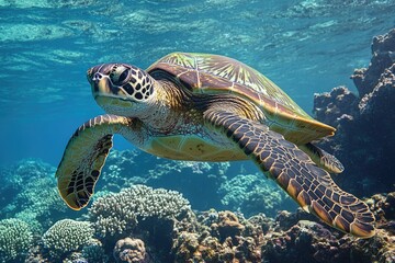 Obraz premium Green Turtle Maui. Underwater Image of a Hawaiian Sea Turtle Swimming in the Coral Reef