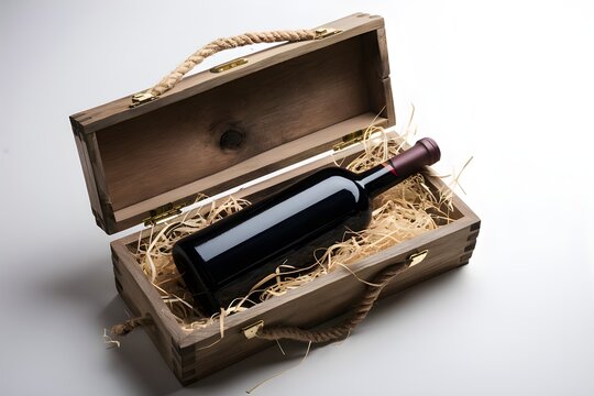 Wooden wine box with dark wine bottle on straw, white background - Powered by Adobe