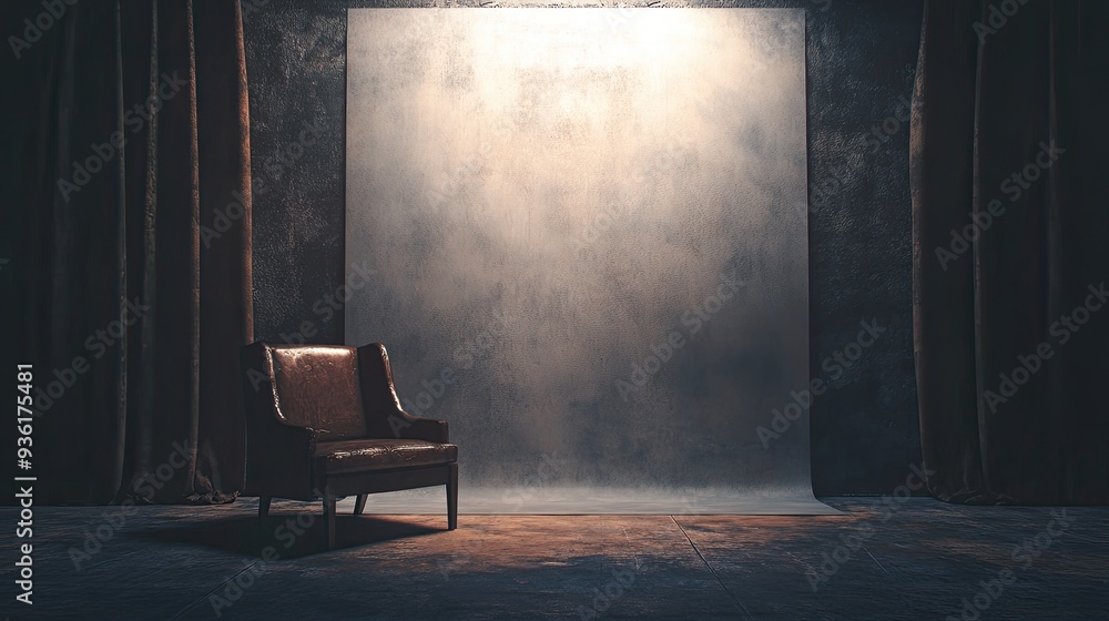 Poster a professional studio backdrop with a simple design and backlit lighting, producing a soft halo effe