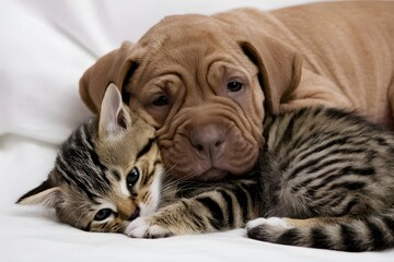 Wrinkled puppy rests head on striped kitten, white background, close bond
