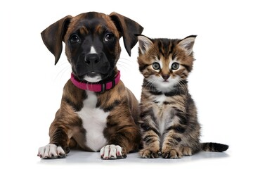 Obraz premium Brindle puppy and tabby kitten sit side by side, white background