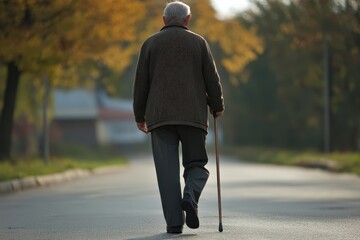 Elderly man walking slowly down an empty street with a cane, with copy space. Gentle morning light. Serene but solitary neighborhood