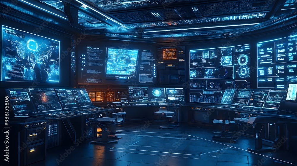 Poster 40. a futuristic network control room with holographic displays and interactive data panels