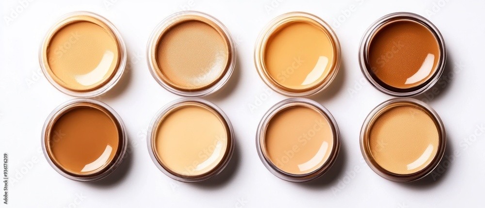 Wall mural Eight Round Containers of Makeup with Different Shades of Foundation